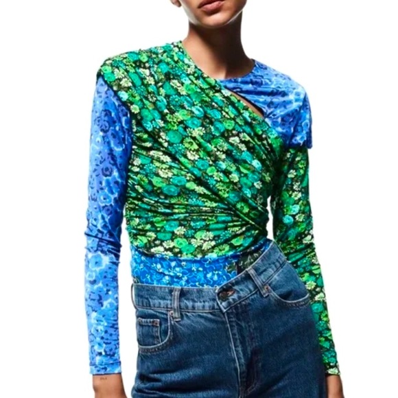 Zara Tops - Zara Draped Floral Pattern Runched Top With Cut Out, Zara Tops, Zara Blouses